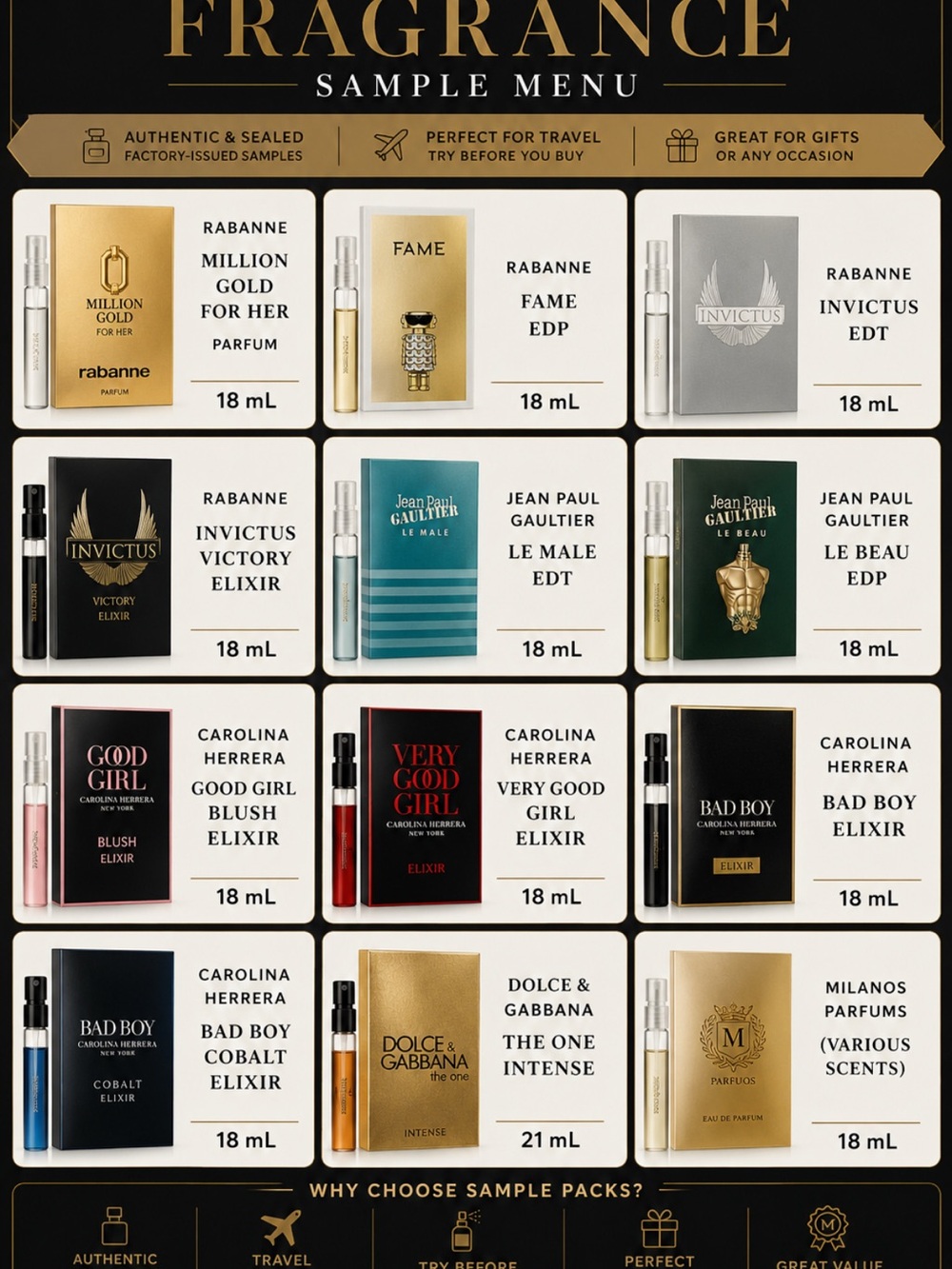 Fragrance Sample Menu - Assorted Designer Perfume Vials
